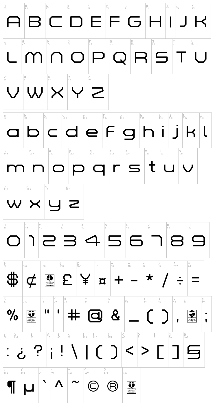 Zelta-Six font map
